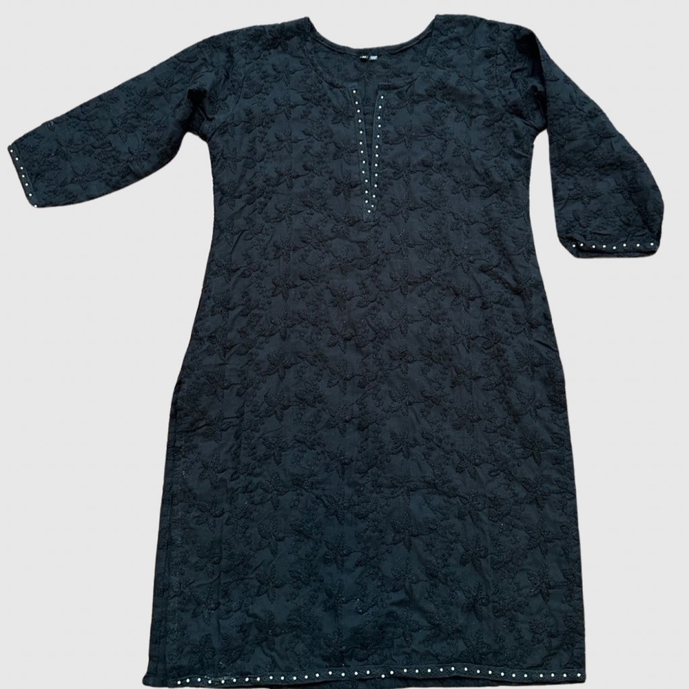 Black Floral 3/4 Sleeve Dress with Beaded Detail